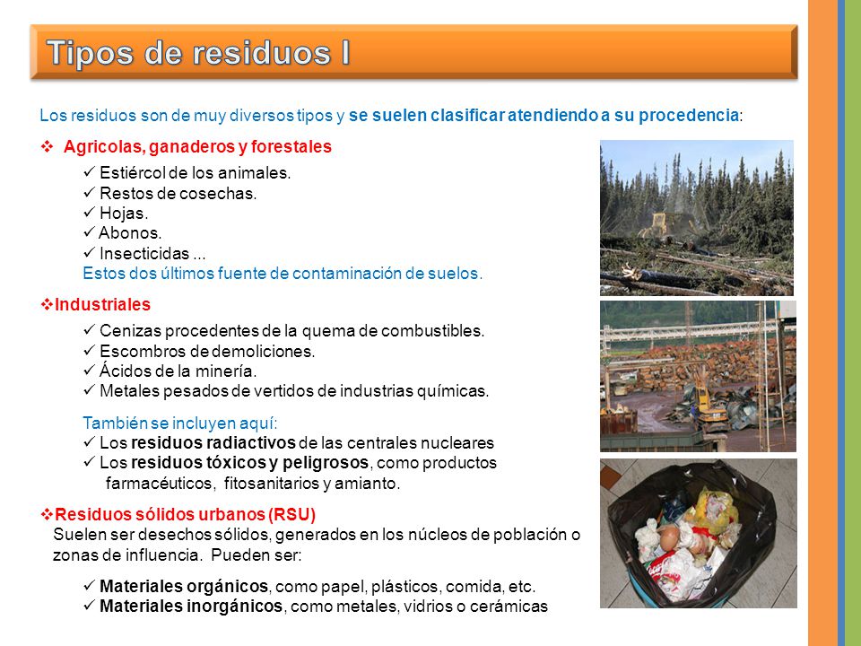 Tipos de residuos I Los residuos son de muy diversos tipos y se suelen clasificar atendiendo a su procedencia: