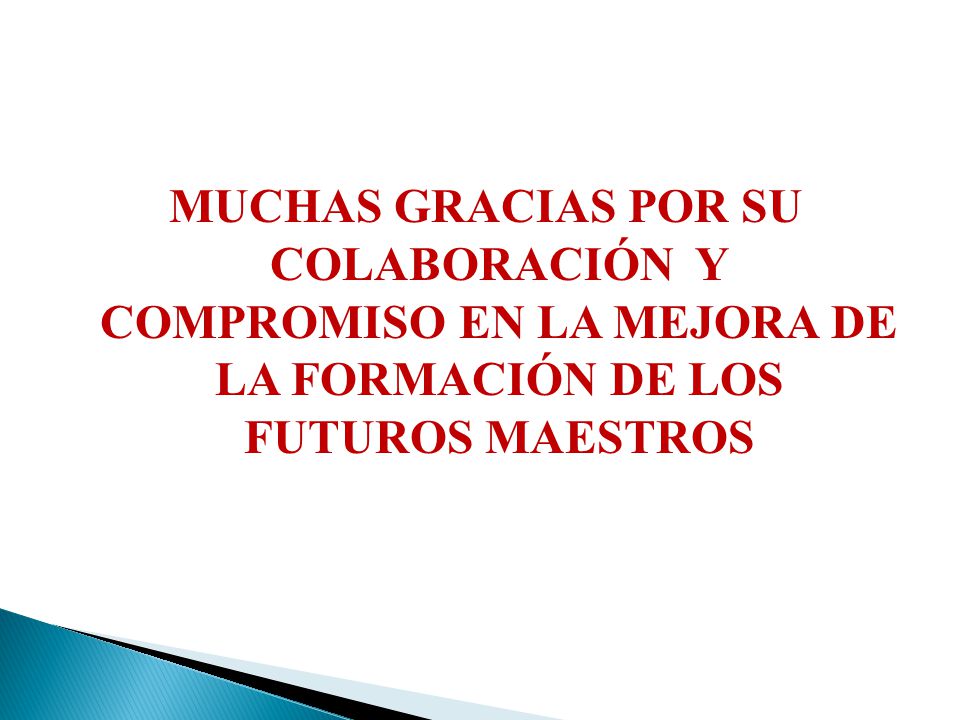 MUCHAS GRACIAS POR SU COLABORACIÓN Y COMPROMISO EN LA MEJORA DE LA FORMACIÓN DE LOS FUTUROS MAESTROS