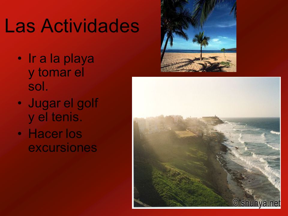 Las Actividades Ir a la playa y tomar el sol.
