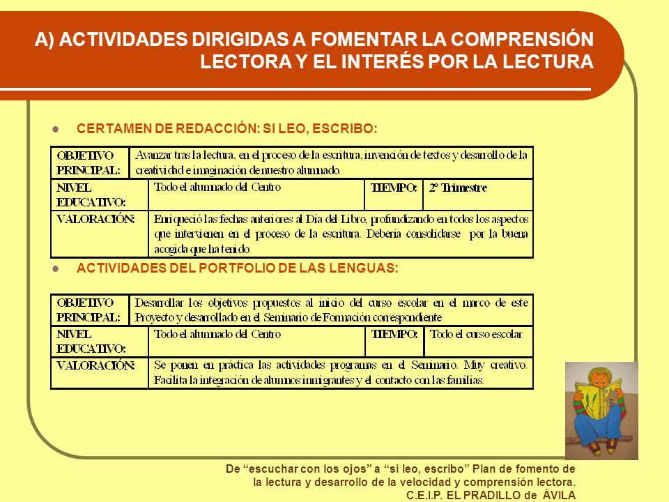 A) ACTIVIDADES DIRIGIDAS A FOMENTAR LA COMPRENSIÓN LECTORA Y EL INTERÉS POR LA LECTURA