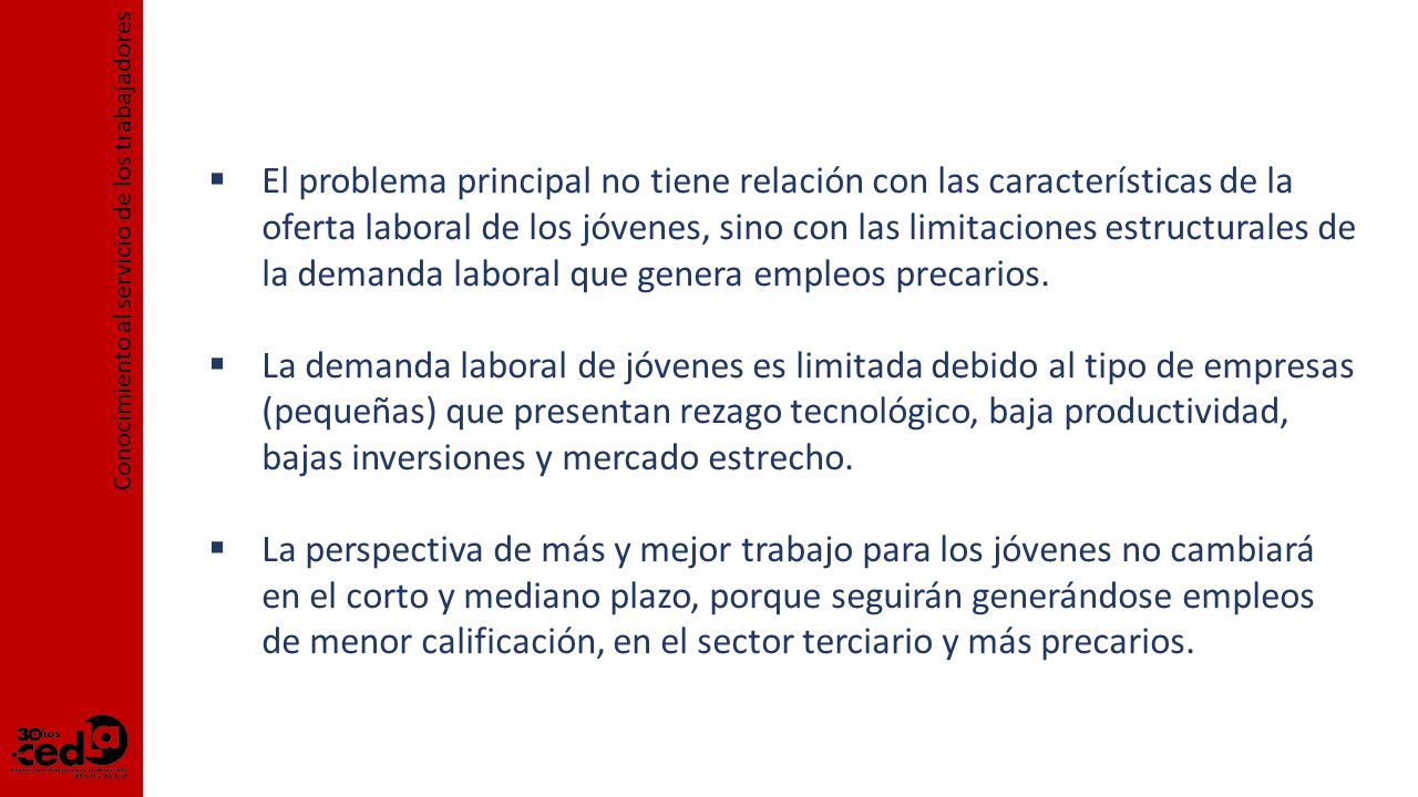 El problema principal no tiene relación con las características de la oferta laboral de los jóvenes, sino con las limitaciones estructurales de la demanda laboral que genera empleos precarios.