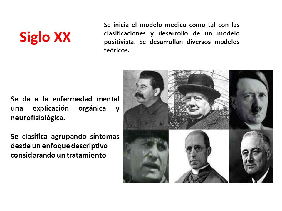 Se inicia el modelo medico como tal con las clasificaciones y desarrollo de un modelo positivista. Se desarrollan diversos modelos teóricos.