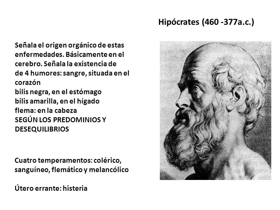 Hipócrates ( a.c.) Señala el origen orgánico de estas enfermedades. Básicamente en el cerebro. Señala la existencia de.