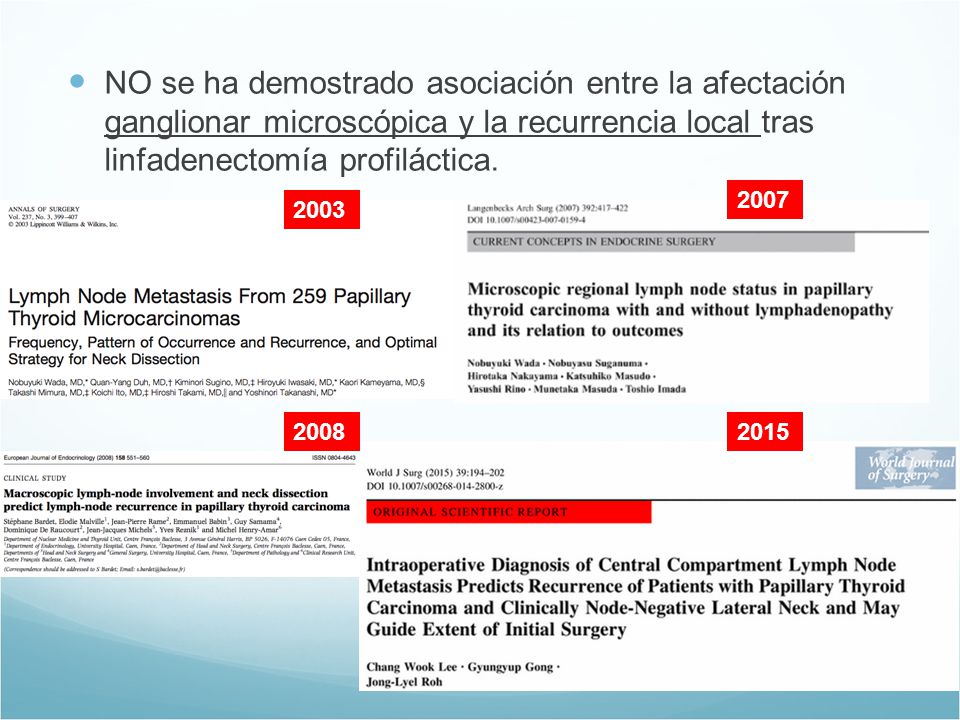 NO se ha demostrado asociación entre la afectación ganglionar microscópica y la recurrencia local tras linfadenectomía profiláctica.