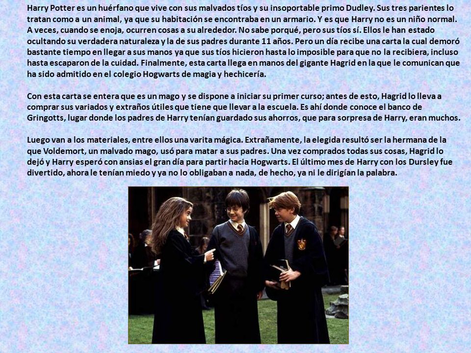 Harry Potter es un huérfano que vive con sus malvados tíos y su insoportable primo Dudley.