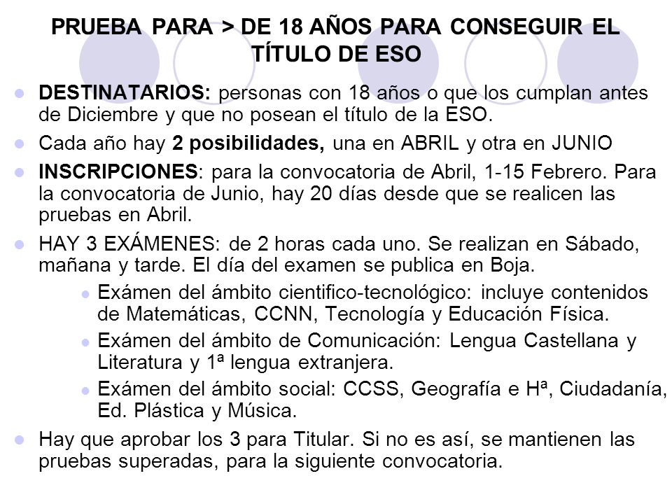 PRUEBA PARA > DE 18 AÑOS PARA CONSEGUIR EL TÍTULO DE ESO