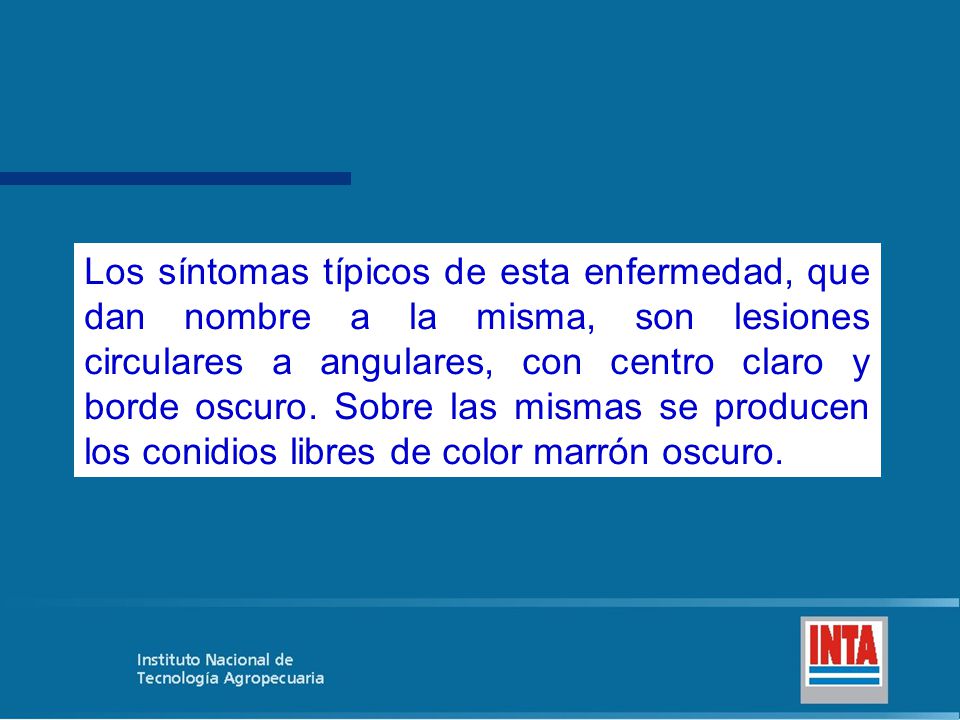 Los síntomas típicos de esta enfermedad, que dan nombre a la misma, son lesiones circulares a angulares, con centro claro y borde oscuro.