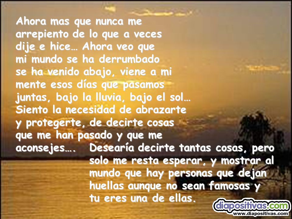Ahora mas que nunca me arrepiento de lo que a veces dije e hice… Ahora veo que mi mundo se ha derrumbado se ha venido abajo, viene a mi mente esos días que pasamos juntas, bajo la lluvia, bajo el sol… Siento la necesidad de abrazarte y protegerte, de decirte cosas que me han pasado y que me aconsejes….