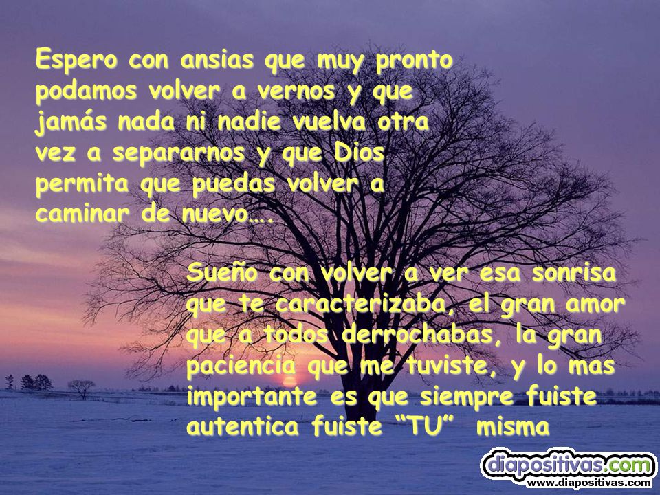 Espero con ansias que muy pronto podamos volver a vernos y que jamás nada ni nadie vuelva otra vez a separarnos y que Dios permita que puedas volver a caminar de nuevo….