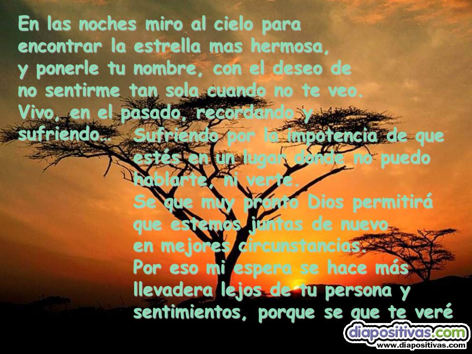 En las noches miro al cielo para encontrar la estrella mas hermosa, y ponerle tu nombre, con el deseo de no sentirme tan sola cuando no te veo. Vivo, en el pasado, recordando y sufriendo…