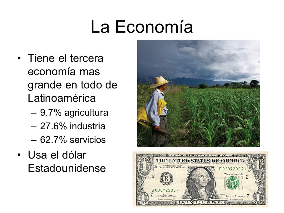 La Economía Tiene el tercera economía mas grande en todo de Latinoamérica. 9.7% agricultura. 27.6% industria.