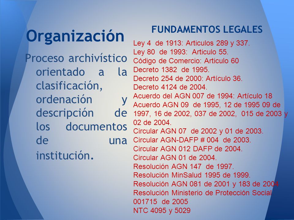 Organización FUNDAMENTOS LEGALES. Ley 4 de 1913: Articulos 289 y 337. Ley 80 de 1993: Articulo 55.