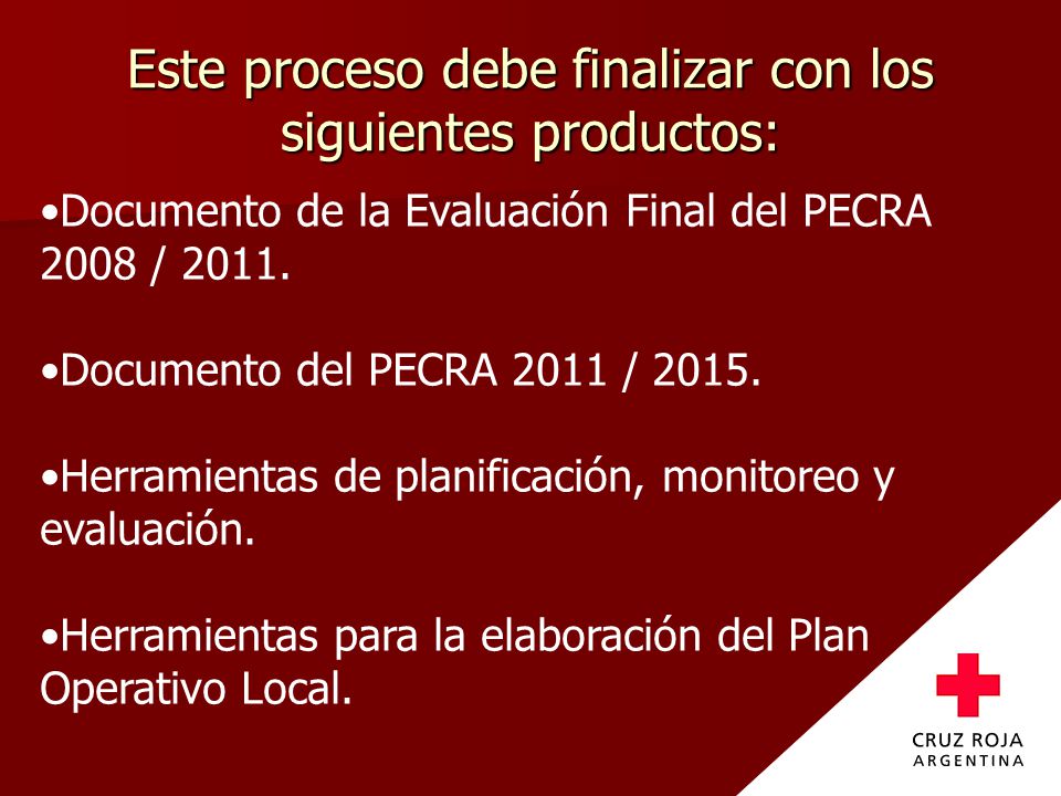 Este proceso debe finalizar con los siguientes productos: