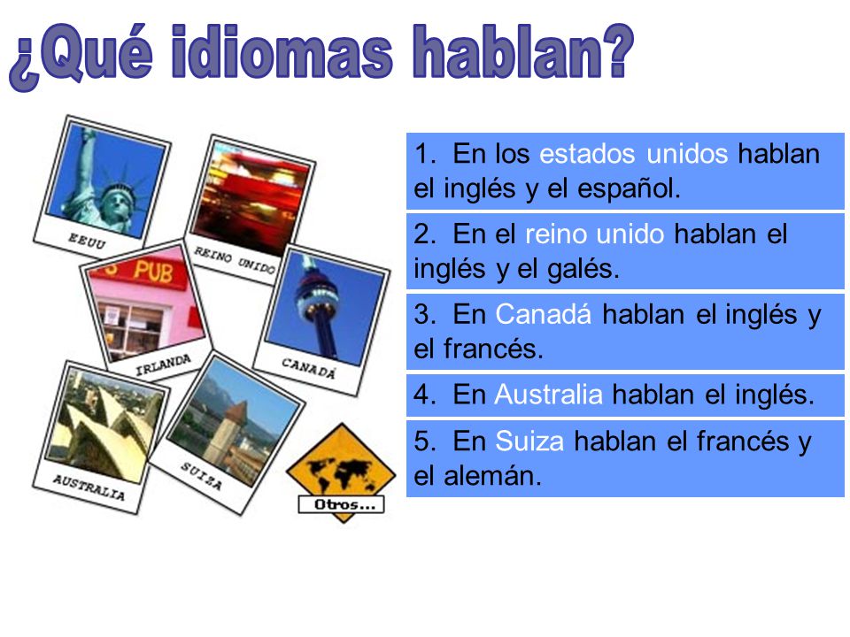 ¿Qué idiomas hablan 1. En los estados unidos hablan el inglés y el español. 1. En los …….. …….. hablan el inglés y el español.