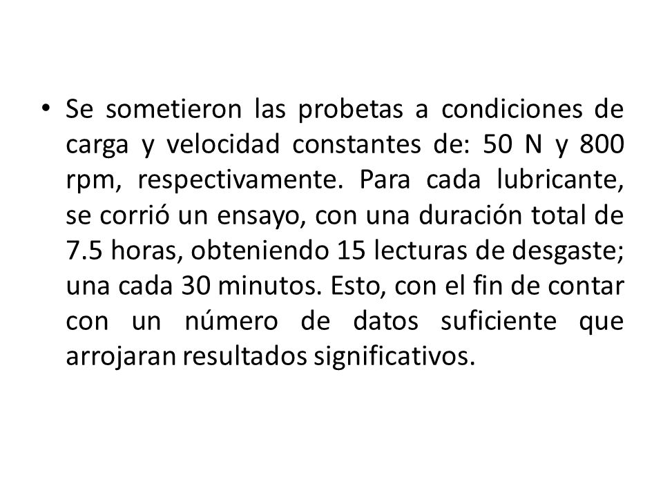 Se sometieron las probetas a condiciones de carga y velocidad constantes de: 50 N y 800 rpm, respectivamente.