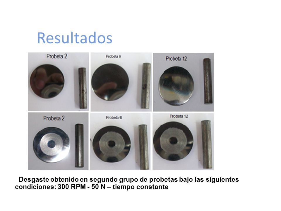 Resultados Desgaste obtenido en segundo grupo de probetas bajo las siguientes condiciones: 300 RPM - 50 N – tiempo constante.
