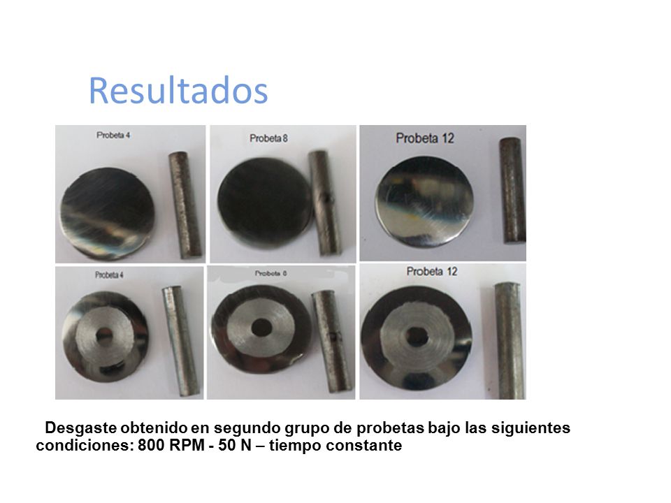 Resultados Desgaste obtenido en segundo grupo de probetas bajo las siguientes condiciones: 800 RPM - 50 N – tiempo constante.