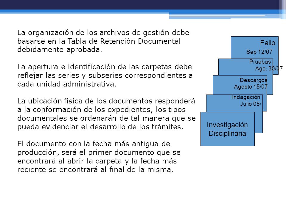 La organización de los archivos de gestión debe basarse en la Tabla de Retención Documental debidamente aprobada. La apertura e identificación de las carpetas debe reflejar las series y subseries correspondientes a cada unidad administrativa. La ubicación física de los documentos responderá a la conformación de los expedientes, los tipos documentales se ordenarán de tal manera que se pueda evidenciar el desarrollo de los trámites. El documento con la fecha más antigua de producción, será el primer documento que se encontrará al abrir la carpeta y la fecha más reciente se encontrará al final de la misma.