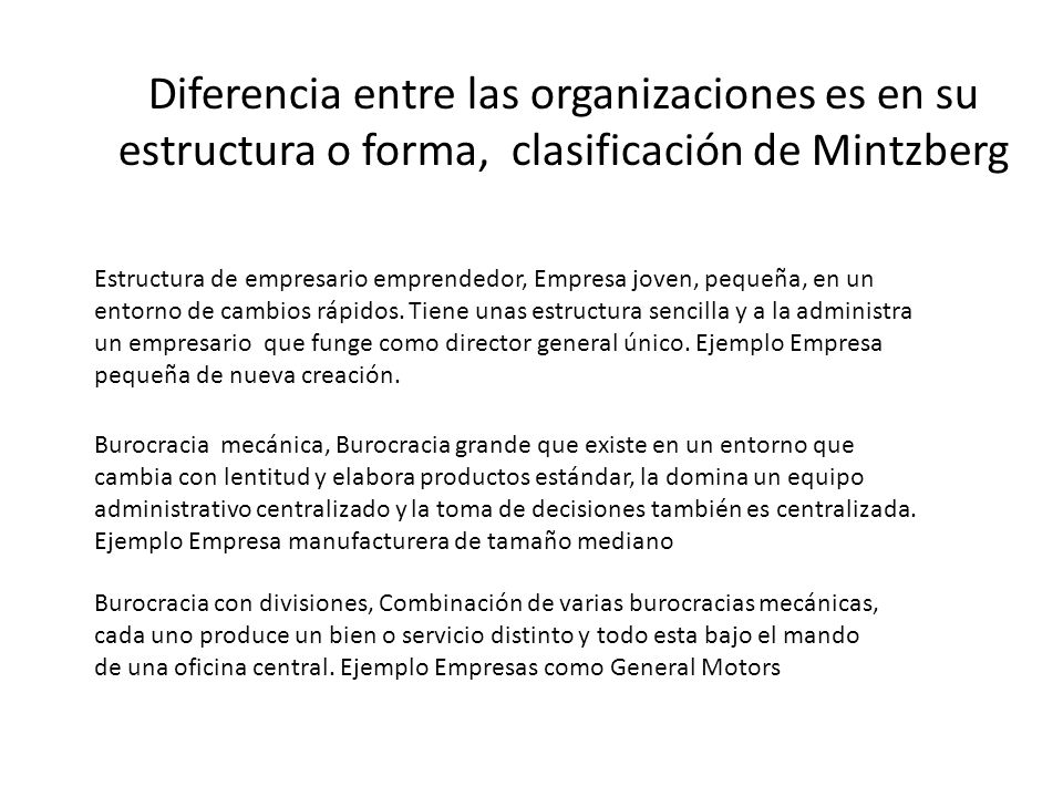 Diferencia entre las organizaciones es en su estructura o forma, clasificación de Mintzberg
