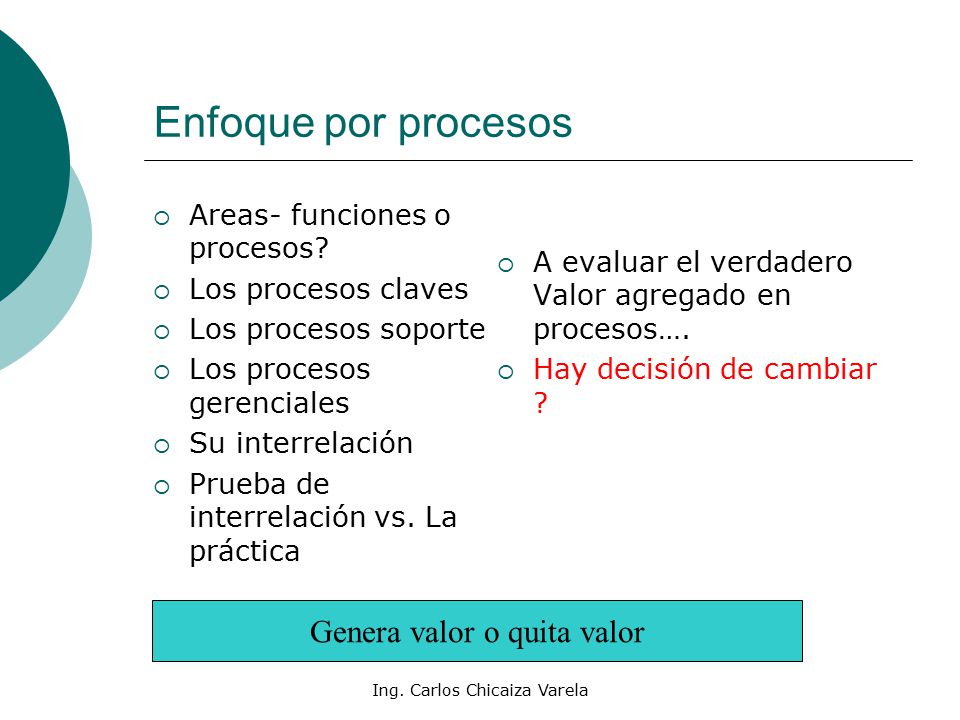 Enfoque por procesos Genera valor o quita valor