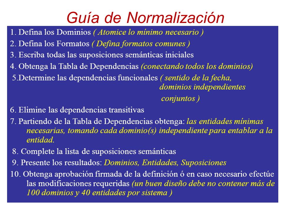 Bases de Datos Guía de Normalización. 1. Defina los Dominios ( Atomice lo mínimo necesario )