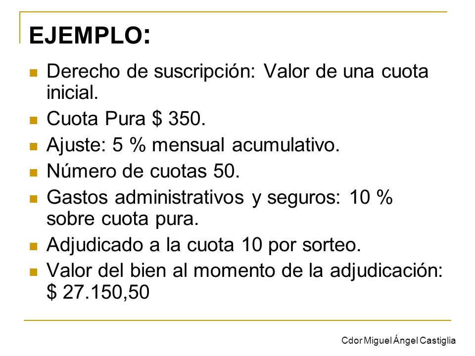 EJEMPLO: Derecho de suscripción: Valor de una cuota inicial.