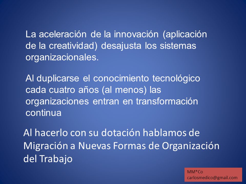 La aceleración de la innovación (aplicación de la creatividad) desajusta los sistemas organizacionales.