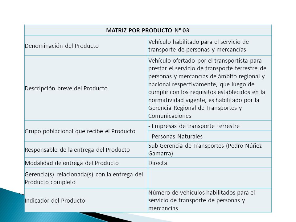 MATRIZ POR PRODUCTO N° 03 Denominación del Producto. Vehículo habilitado para el servicio de transporte de personas y mercancías.