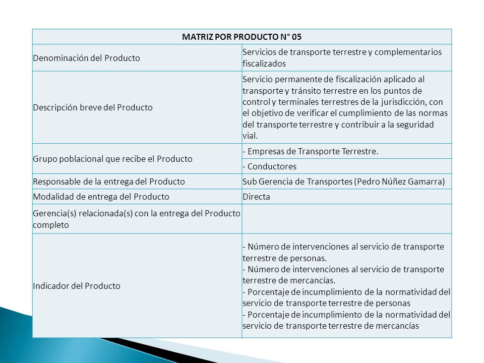 MATRIZ POR PRODUCTO N° 05 Denominación del Producto. Servicios de transporte terrestre y complementarios fiscalizados.