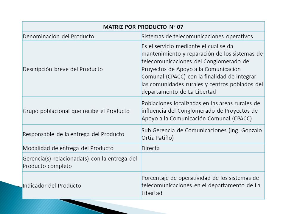 MATRIZ POR PRODUCTO N° 07 Denominación del Producto. Sistemas de telecomunicaciones operativos. Descripción breve del Producto.