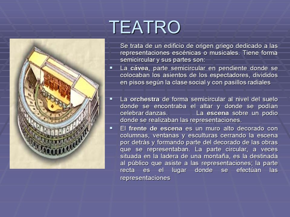 TEATRO Se trata de un edificio de origen griego dedicado a las representaciones escénicas o musicales. Tiene forma semicircular y sus partes son: