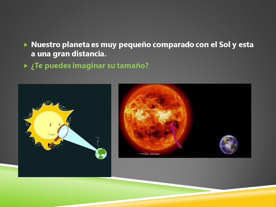 Nuestro planeta es muy pequeño comparado con el Sol y esta a una gran distancia.