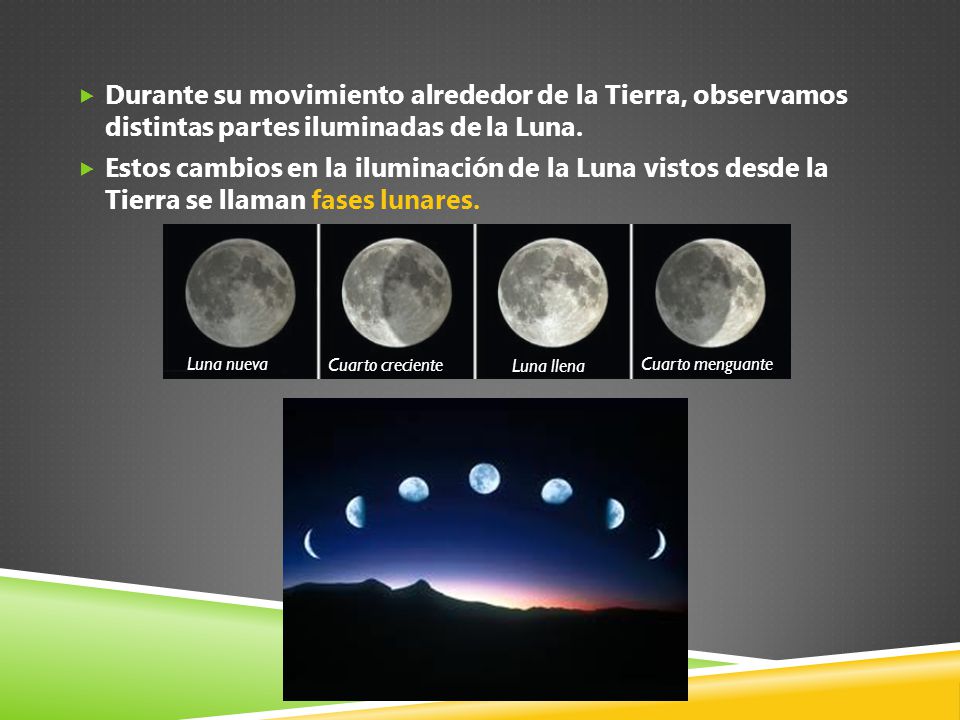Durante su movimiento alrededor de la Tierra, observamos distintas partes iluminadas de la Luna.
