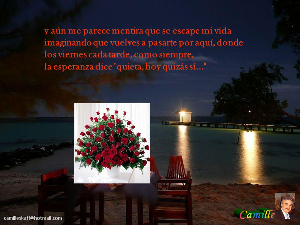 y aún me parece mentira que se escape mi vida imaginando que vuelves a pasarte por aquí, donde los viernes cada tarde, como siempre, la esperanza dice quieta, hoy quizás sí...