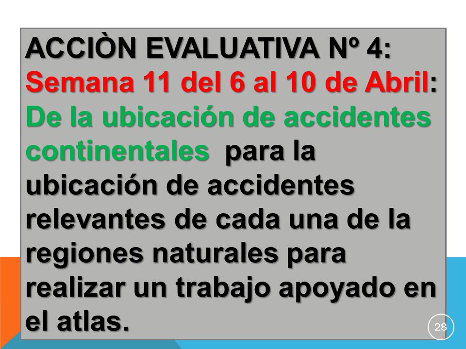 ACCIÒN EVALUATIVA Nº 4: Semana 11 del 6 al 10 de Abril: De la ubicación de accidentes continentales para la ubicación de accidentes relevantes de cada una de la regiones naturales para realizar un trabajo apoyado en el atlas.