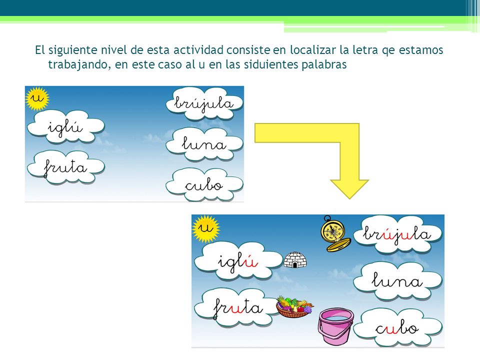 El siguiente nivel de esta actividad consiste en localizar la letra qe estamos trabajando, en este caso al u en las siduientes palabras