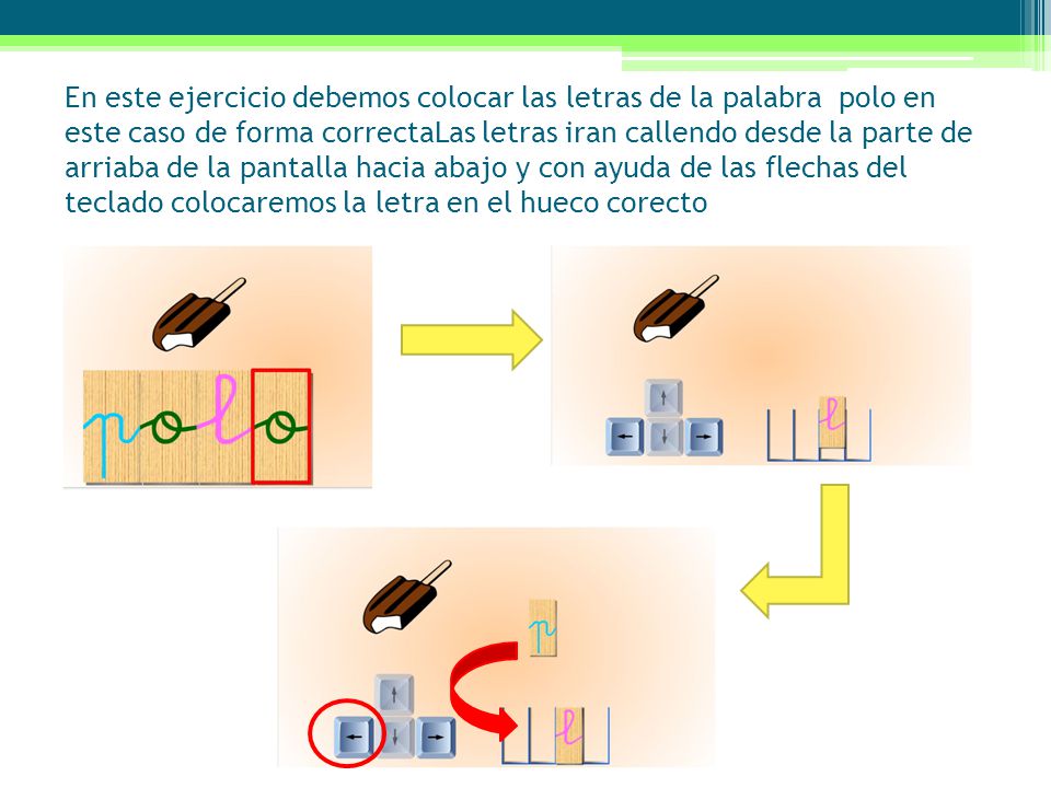 En este ejercicio debemos colocar las letras de la palabra polo en este caso de forma correctaLas letras iran callendo desde la parte de arriaba de la pantalla hacia abajo y con ayuda de las flechas del teclado colocaremos la letra en el hueco corecto