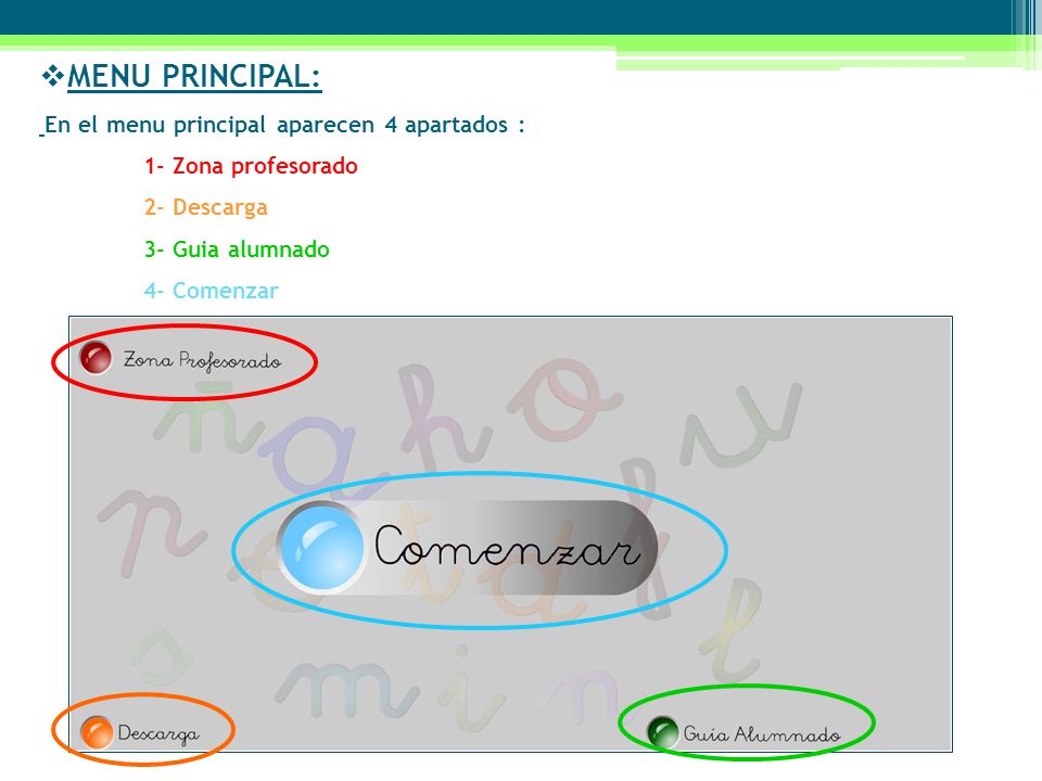 MENU PRINCIPAL: En el menu principal aparecen 4 apartados :