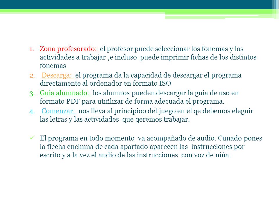 Zona profesorado: el profesor puede seleccionar los fonemas y las actividades a trabajar ,e incluso puede imprimir fichas de los distintos fonemas