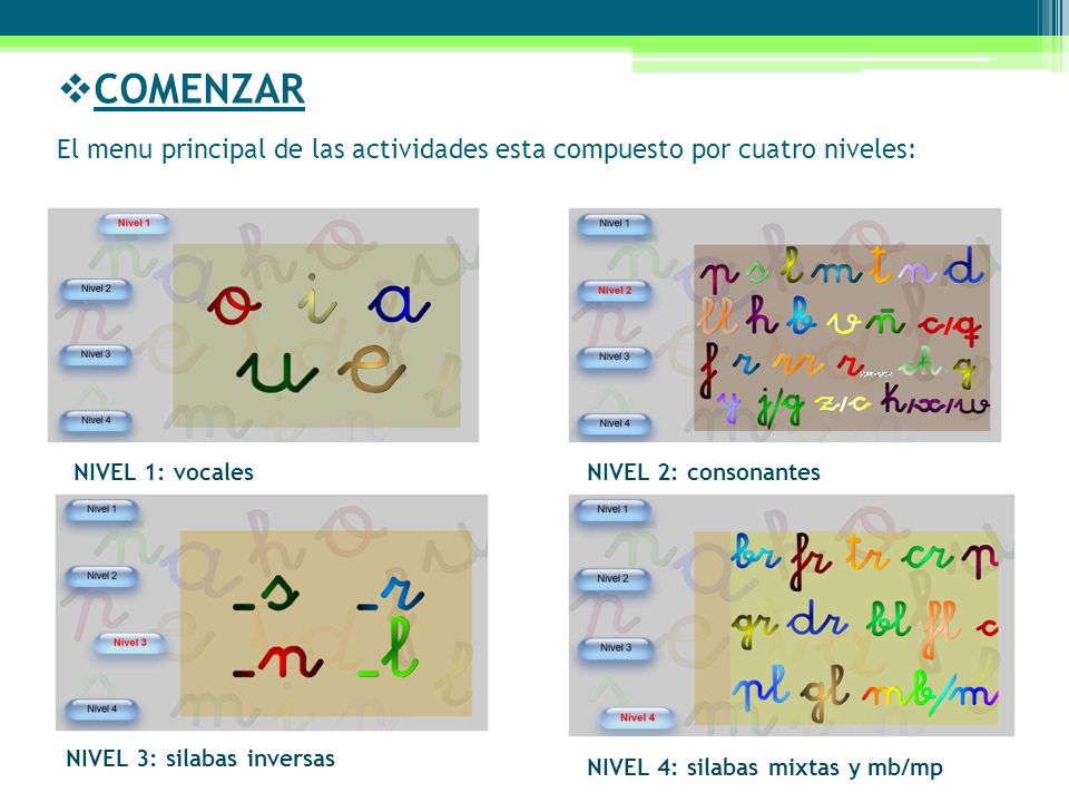 COMENZAR El menu principal de las actividades esta compuesto por cuatro niveles: