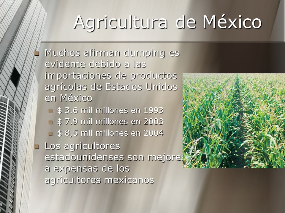 Agricultura de México Muchos afirman dumping es evidente debido a las importaciones de productos agrícolas de Estados Unidos en México.