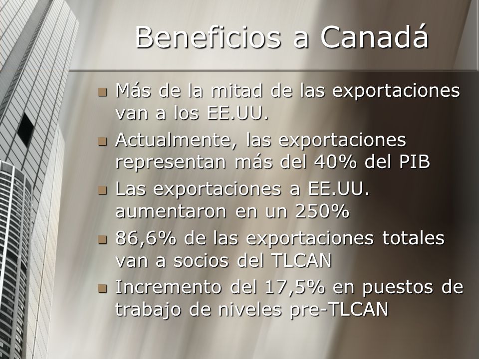 Beneficios a Canadá Más de la mitad de las exportaciones van a los EE.UU. Actualmente, las exportaciones representan más del 40% del PIB.