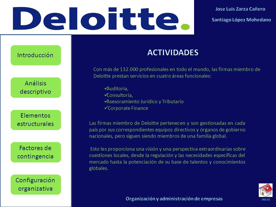 ACTIVIDADES Con más de profesionales en todo el mundo, las firmas miembro de Deloitte prestan servicios en cuatro áreas funcionales: