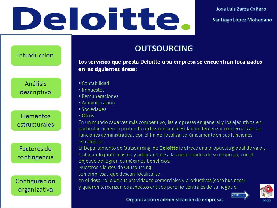 OUTSOURCING Los servicios que presta Deloitte a su empresa se encuentran focalizados en las siguientes áreas: