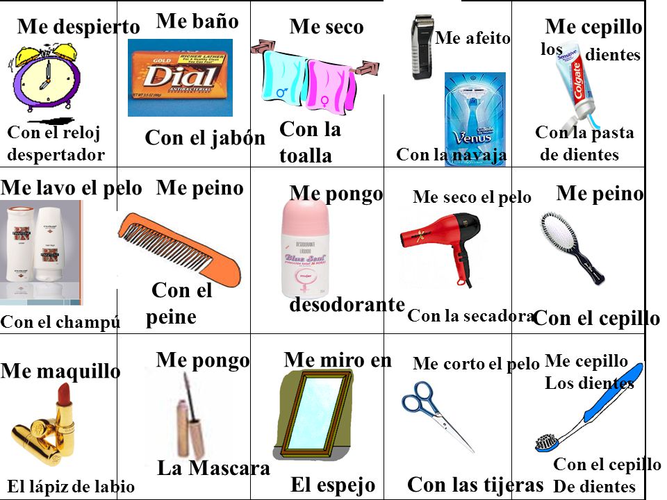 Me baño Me despierto Me seco Me cepillo Con la toalla Con el jabón