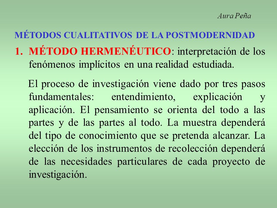 Aura Peña MÉTODOS CUALITATIVOS DE LA POSTMODERNIDAD. MÉTODO HERMENÉUTICO: interpretación de los fenómenos implícitos en una realidad estudiada.