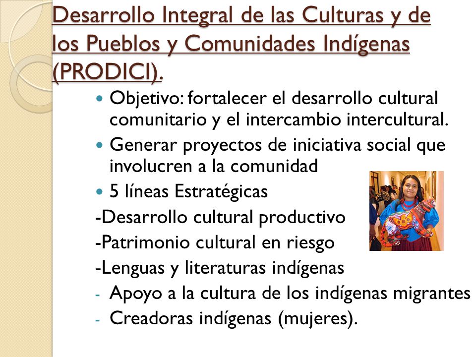 Desarrollo Integral de las Culturas y de los Pueblos y Comunidades Indígenas (PRODICI).