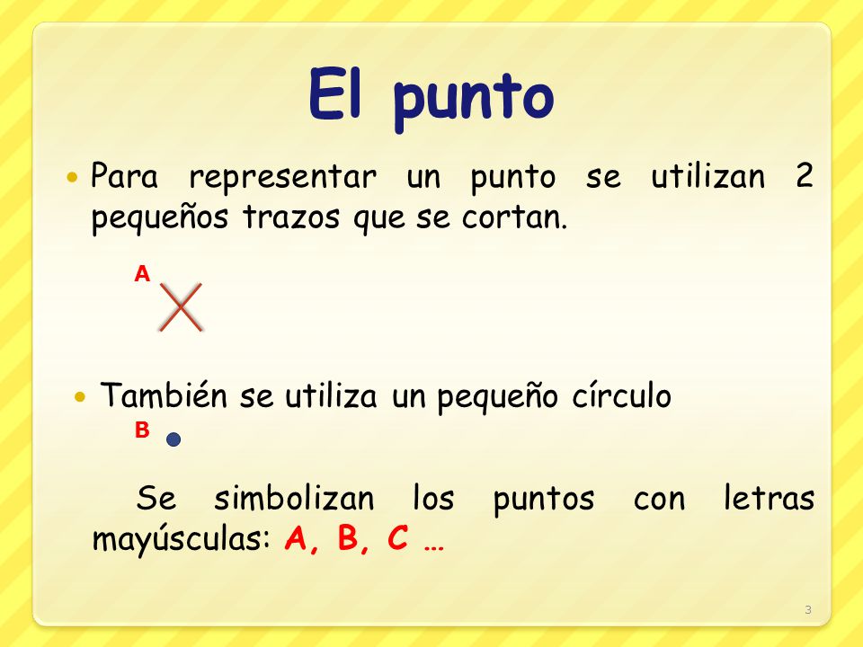 El punto Para representar un punto se utilizan 2 pequeños trazos que se cortan. A. También se utiliza un pequeño círculo.