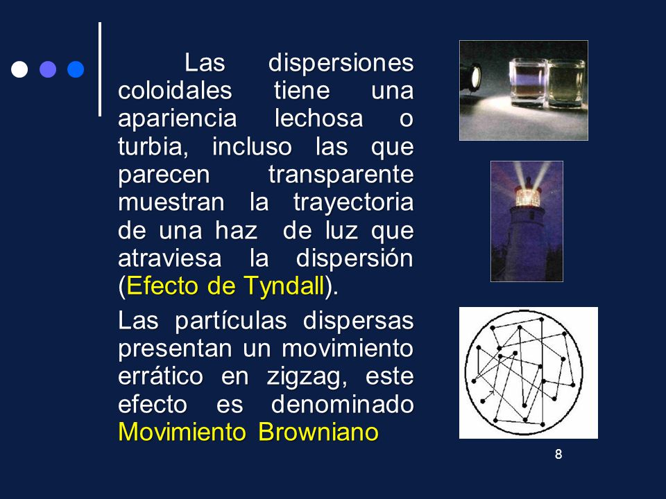 Las dispersiones coloidales tiene una apariencia lechosa o turbia, incluso las que parecen transparente muestran la trayectoria de una haz de luz que atraviesa la dispersión (Efecto de Tyndall).