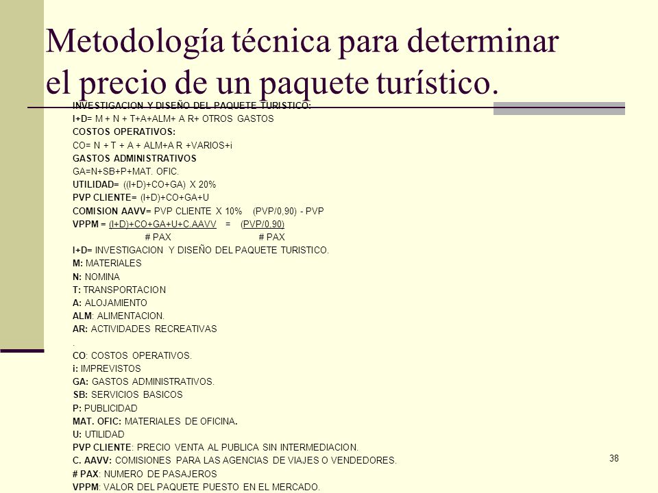 Metodología técnica para determinar el precio de un paquete turístico.